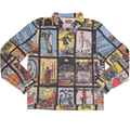 Tarot Card Denim Jacket laid flat, black denim printed with a grid of tarot cards including The Fool, The Lovers and The Sun