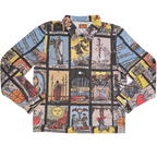 Tarot Card Denim Jacket laid flat, black denim printed with a grid of tarot cards including The Fool, The Lovers and The Sun