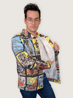 Tarot Card Denim Jacket pulled open to show the light inside and the tarot card print