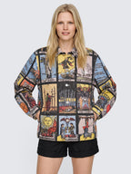 Model with both hands in the pockets of the oversized Tarot Card Denim Jacket, buttoned, worn with black high-waisted shorts