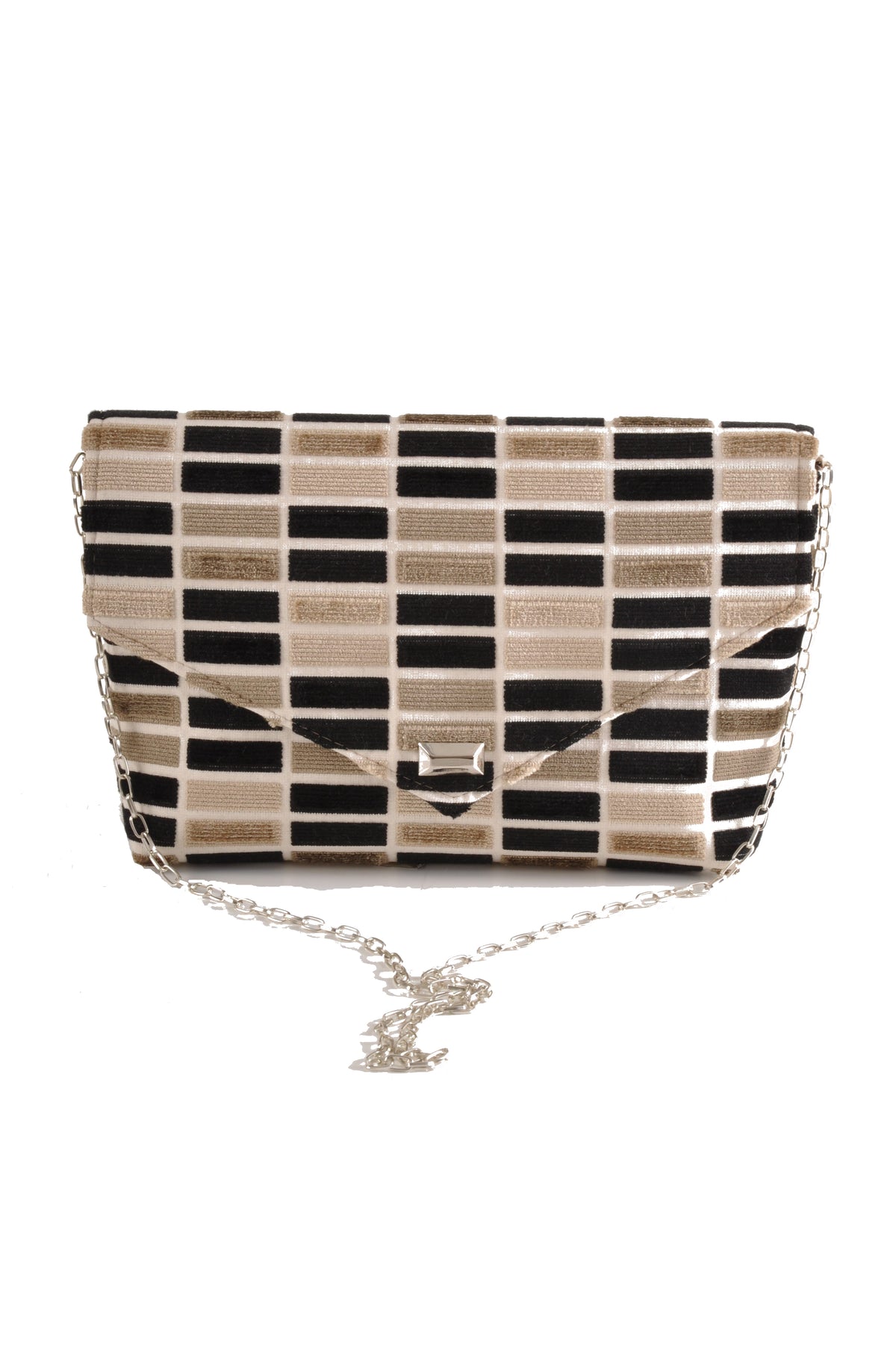 Block black and white cut velvet envelope clutch with silver chain by Pinup Girl Clothing