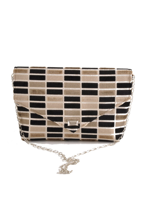 Block black and white cut velvet envelope clutch with silver chain by Pinup Girl Clothing