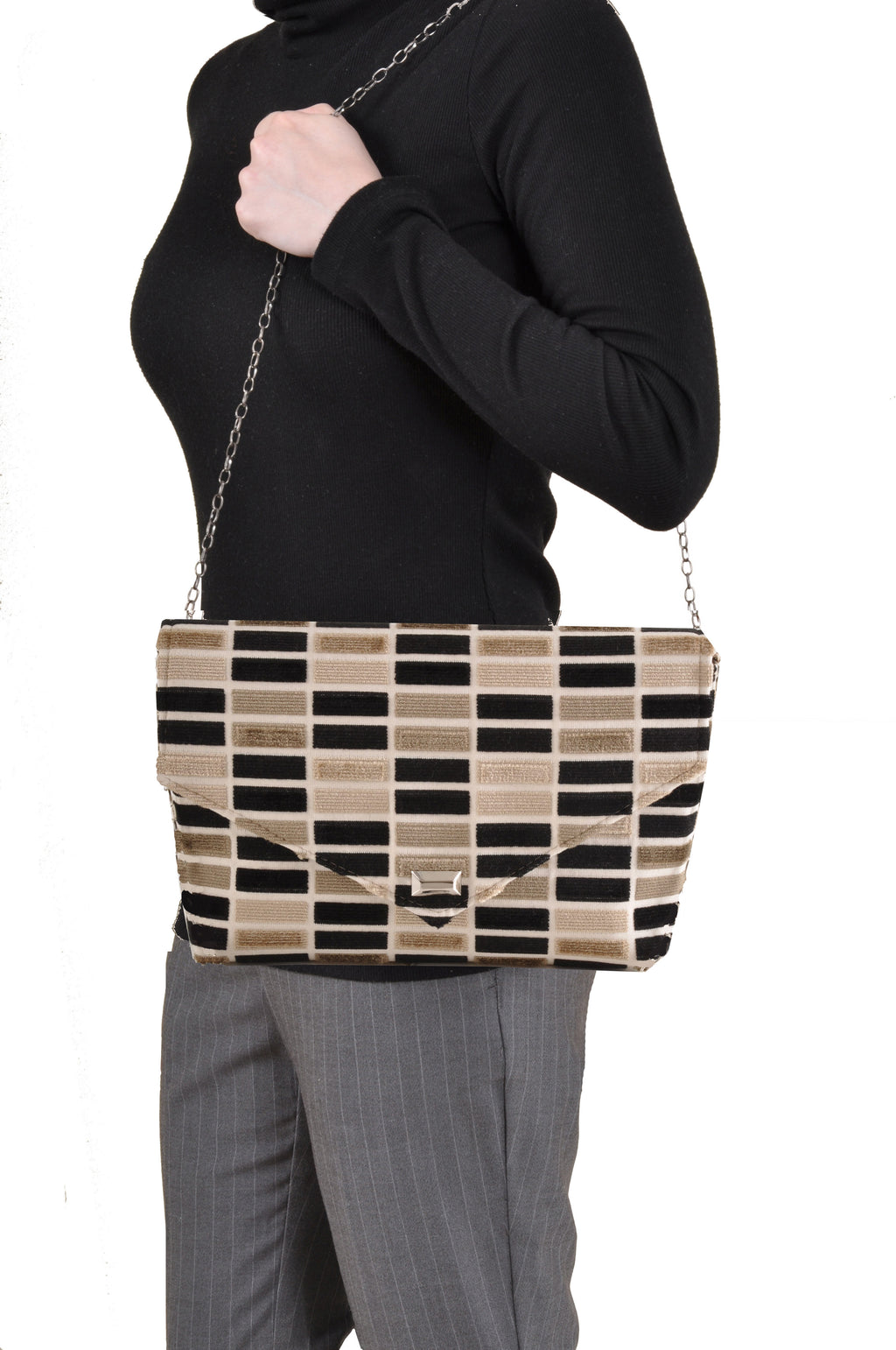 Block black velvet envelope clutch, another view, by Pinup Girl Clothing