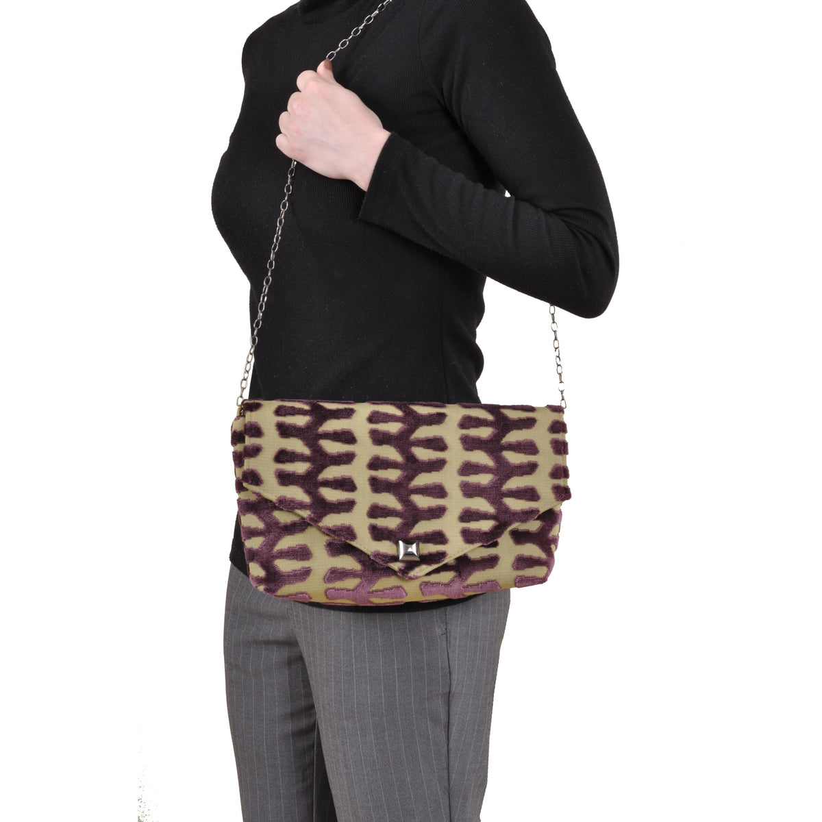 Totem green velvet envelope clutch, another view, by Pinup Girl Clothing