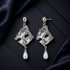 Venice Mask Earrings, silver-tone masquerade mask drops with pearl