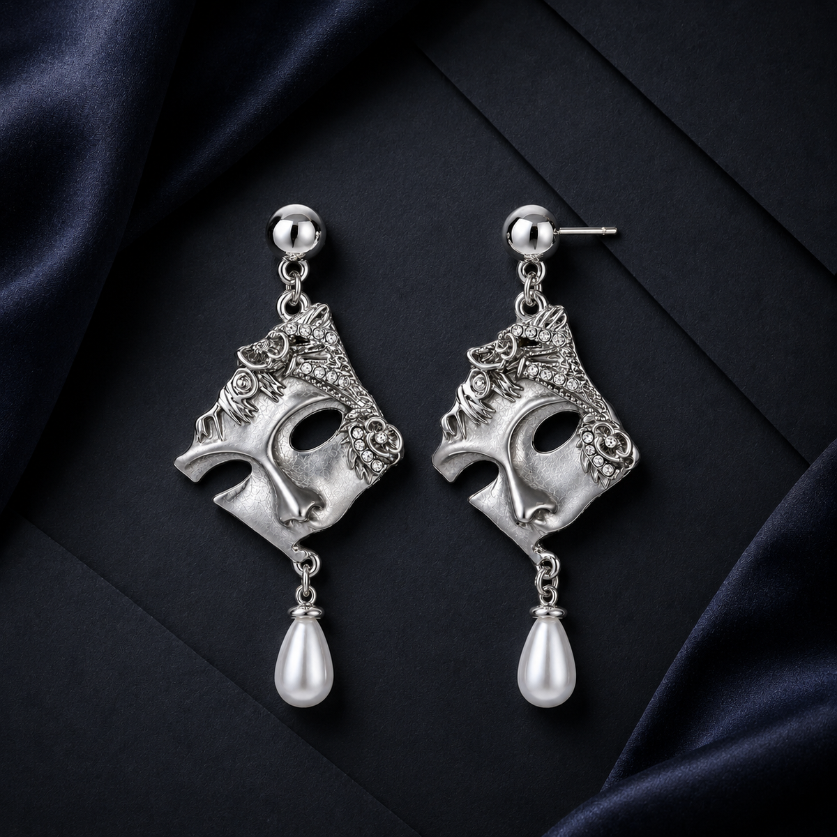 Venice Mask Earrings, silver-tone masquerade mask drops with pearl