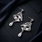 Venice Mask Earrings, silver-tone masquerade mask drops with pearl