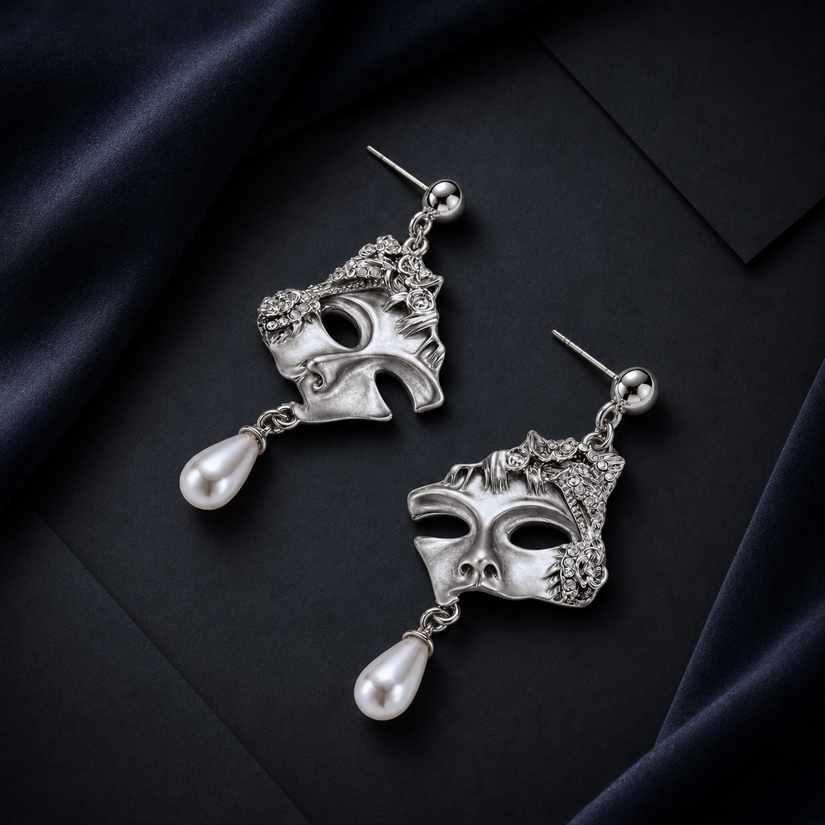 Venice Mask Earrings, silver-tone masquerade mask drops with pearl