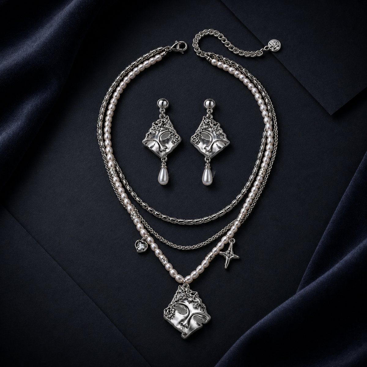 Venice Mask Earrings, silver-tone masquerade mask drops with pearl