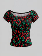 The Perfect Vintage Peasant Top in vintage cherries black by Pinup Girl Clothing, made to order, sizes XS to 5X.