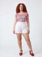 Pink vintage cherries cottagecore peasant top by Pinup Girl Clothing, sizes XS to 5X.