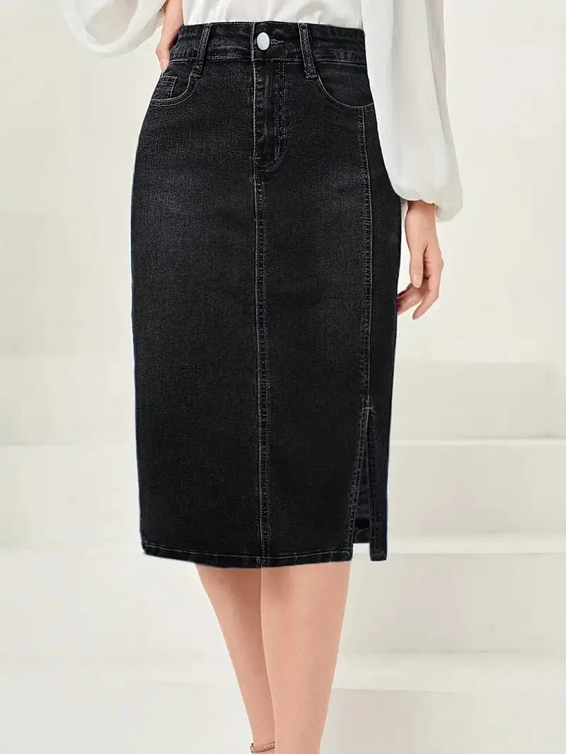 Vintage Washed Split Denim Skirt with Zipper Closure and Pockets
