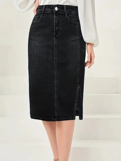 Vintage Washed Split Denim Skirt with Zipper Closure and Pockets