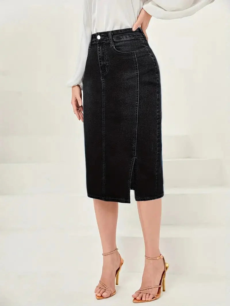 Vintage Washed Split Denim Skirt with Zipper Closure and Pockets