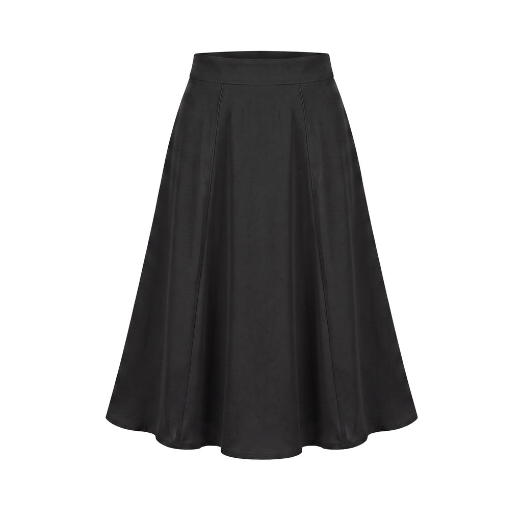 Viva 40s tulip swing skirt in solid black stretch crepe, high waistband and clean flared skirt to the knee, back zip