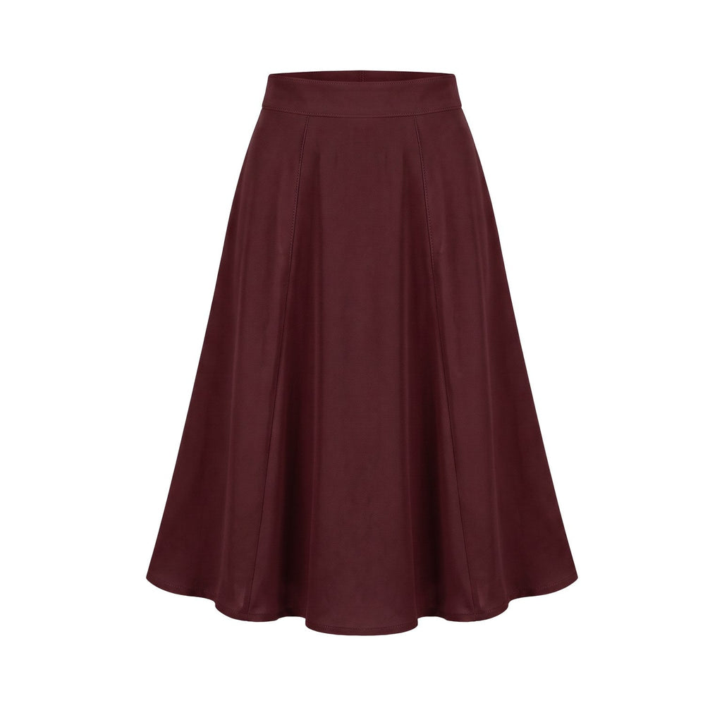 Viva 40s tulip swing skirt in solid burgundy stretch crepe, high waistband and clean flared skirt to the knee, back zip