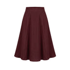 Viva 40s tulip swing skirt in solid burgundy stretch crepe, high waistband and clean flared skirt to the knee, back zip