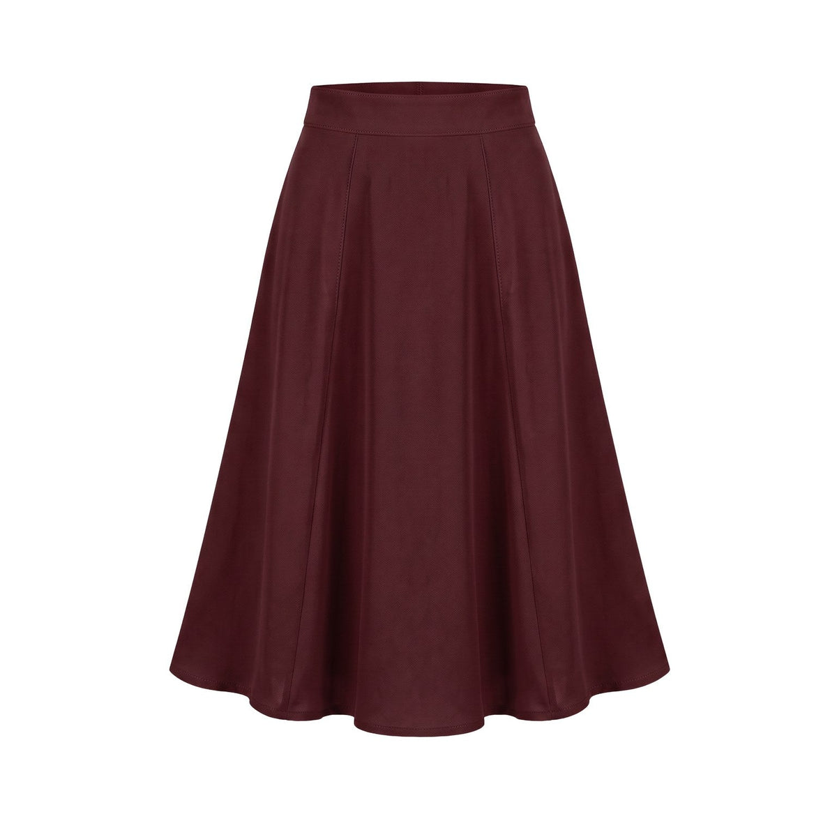 Viva 40s tulip swing skirt in solid burgundy stretch crepe, high waistband and clean flared skirt to the knee, back zip