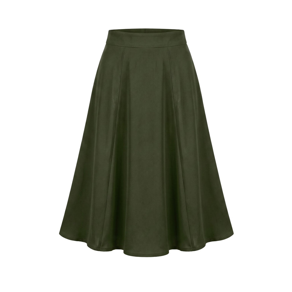 Viva 40s tulip swing skirt in solid hunter green stretch crepe, high waistband and flared skirt to the knee, back zip