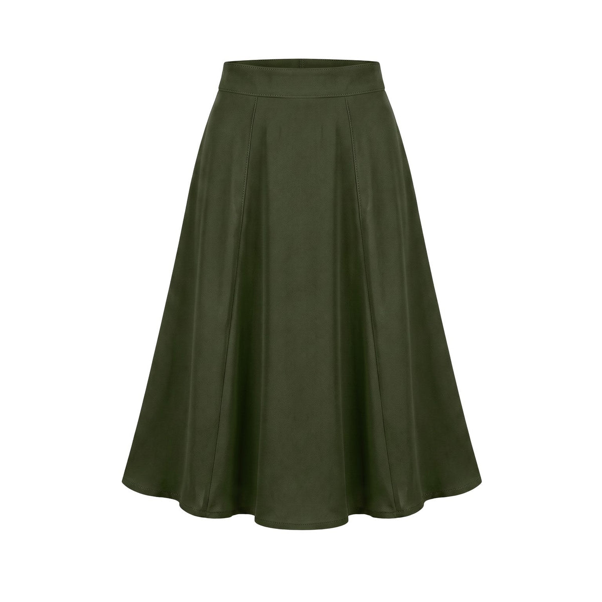 Viva 40s tulip swing skirt in solid hunter green stretch crepe, high waistband and flared skirt to the knee, back zip