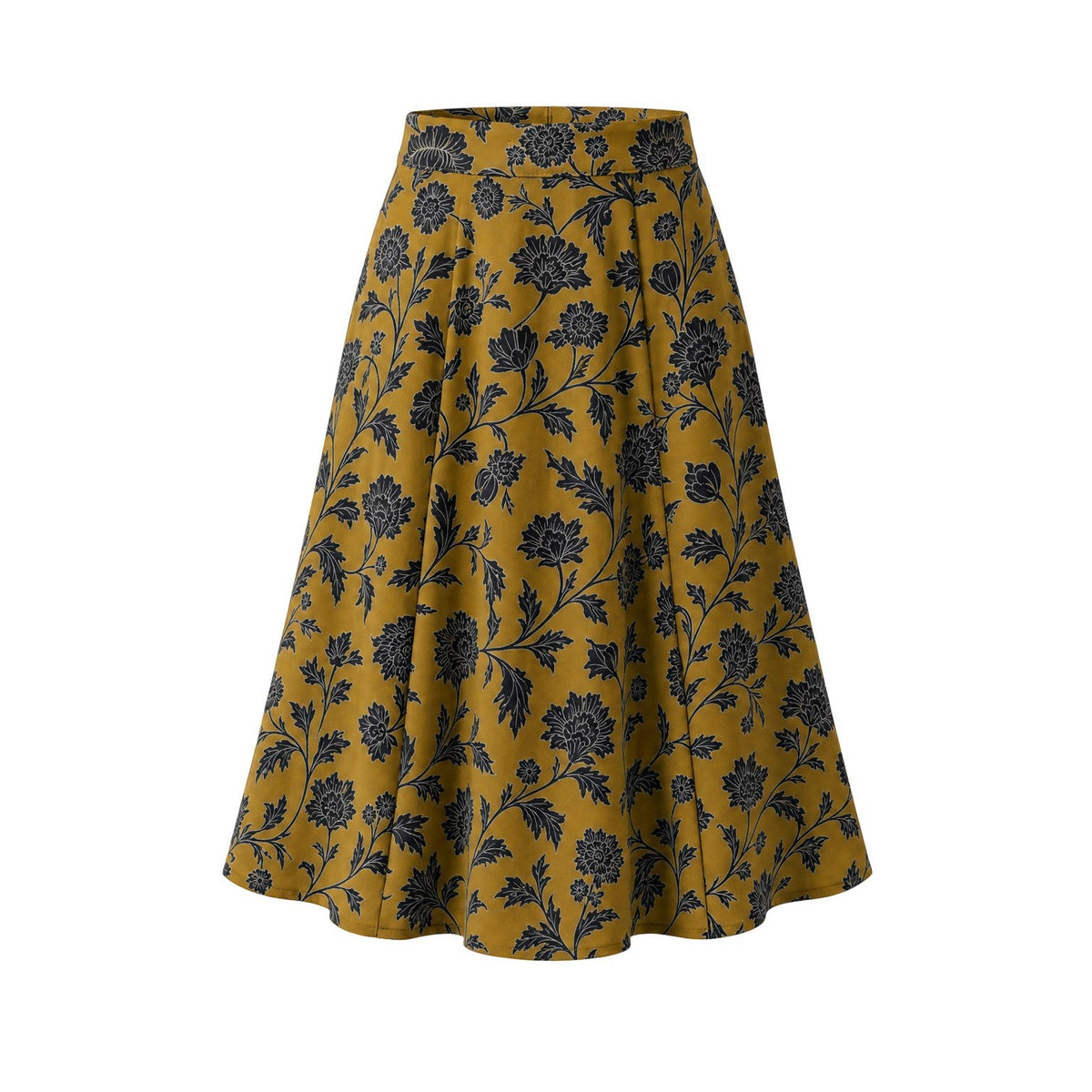Viva 40s tulip swing skirt in ochre Capri Floral print, black blooms on gold stretch crepe, high waistband and flared skirt to the knee