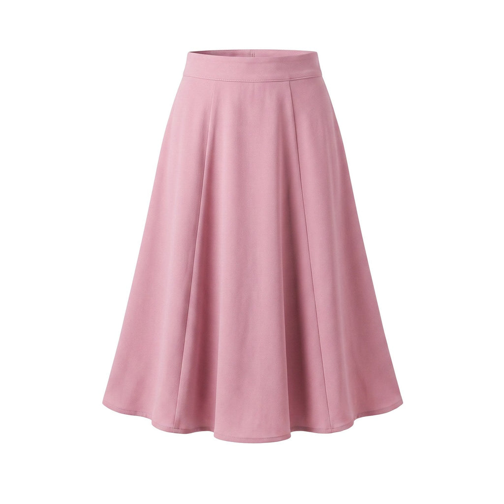 Viva 40s tulip swing skirt in pale, powdery Pinup Girl Pink stretch crepe, high waistband and flared skirt to the knee, back zip