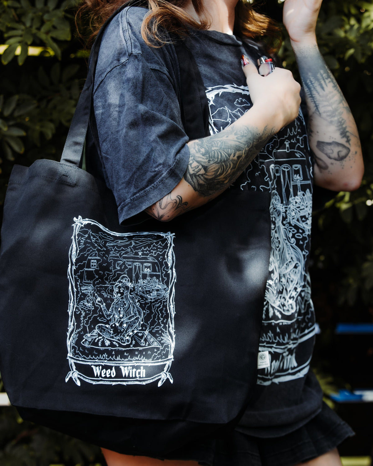 Weed Witch Tote Bag, black organic cotton tote with white witch art