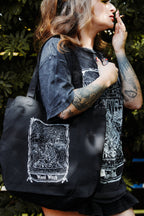 Weed Witch Tote Bag, black organic cotton tote with white witch art