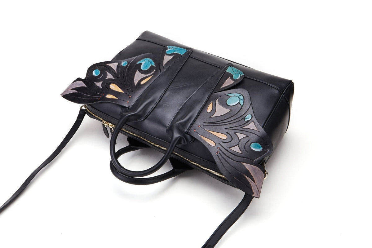Wings black leather top handle bag, another view, by Pinup Girl Clothing
