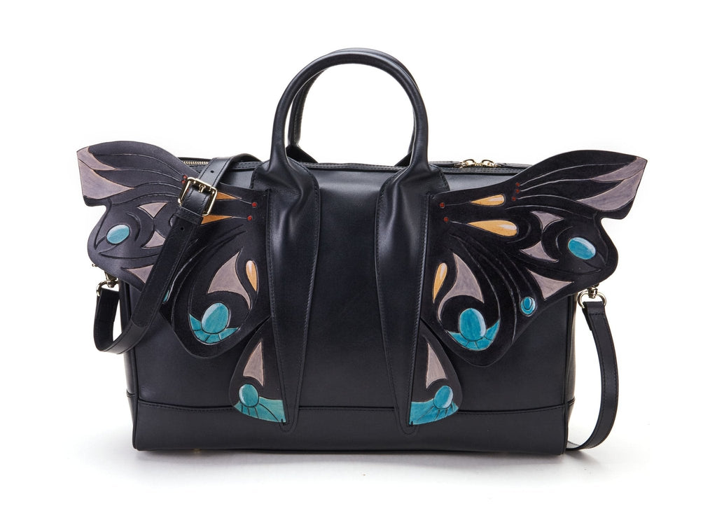 Wings black leather top handle bag, another view, by Pinup Girl Clothing