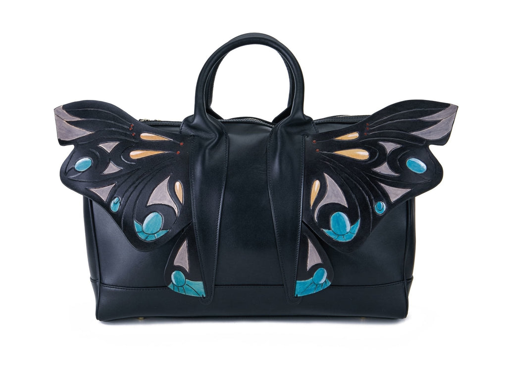 Wings black leather top handle bag with leather wings by Pinup Girl Clothing