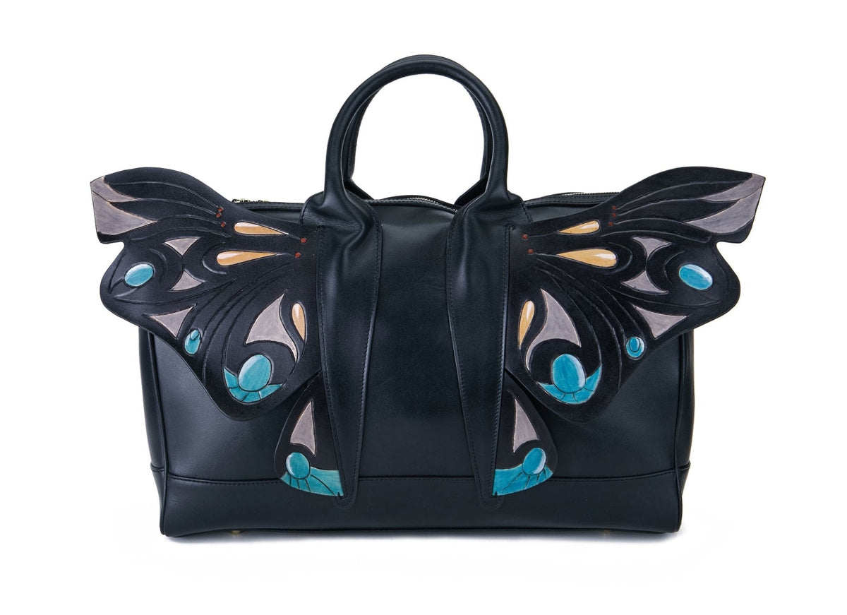 Wings black leather top handle bag with leather wings by Pinup Girl Clothing
