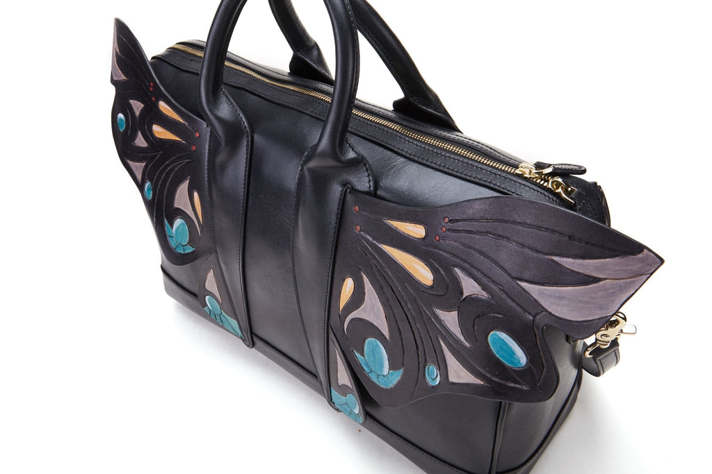 Wings black leather top handle bag, another view, by Pinup Girl Clothing