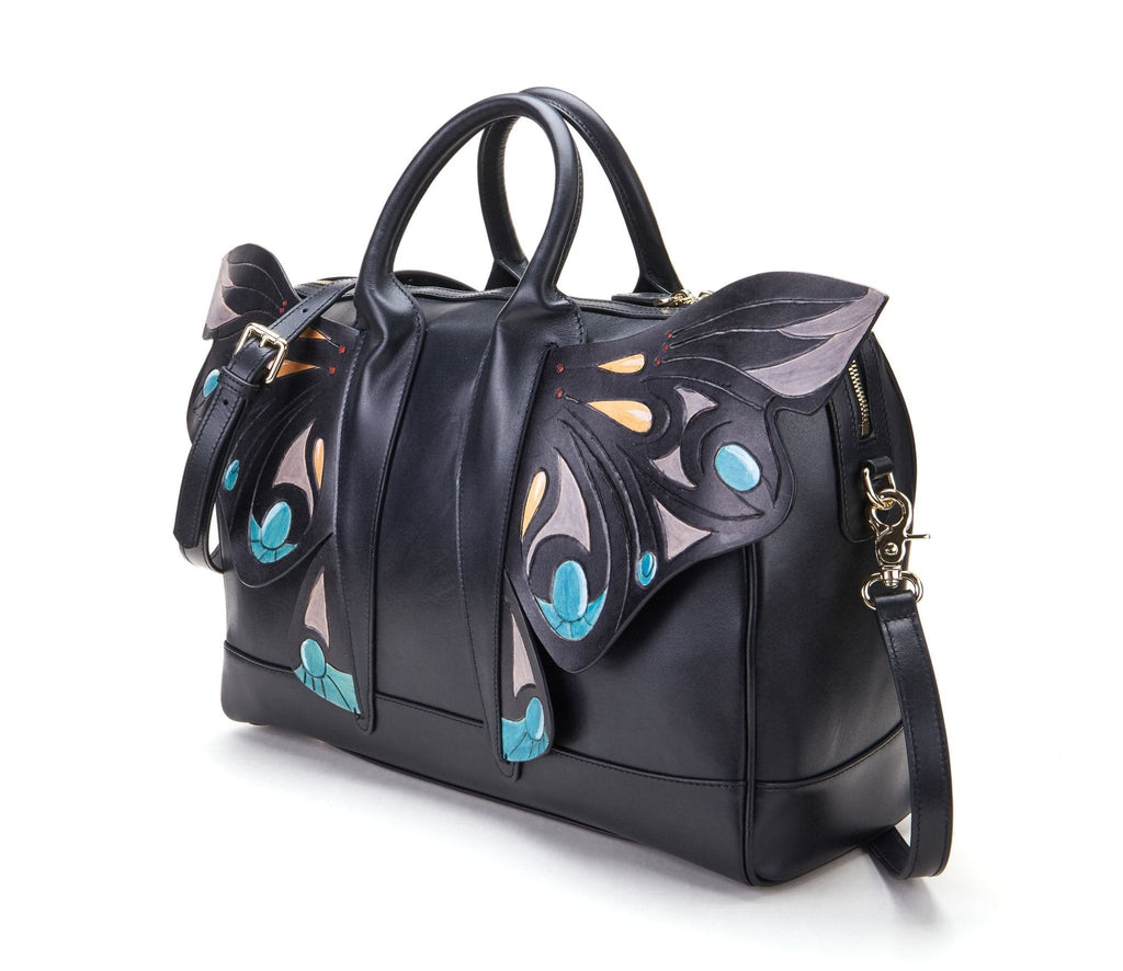 Wings black leather top handle bag, another view, by Pinup Girl Clothing