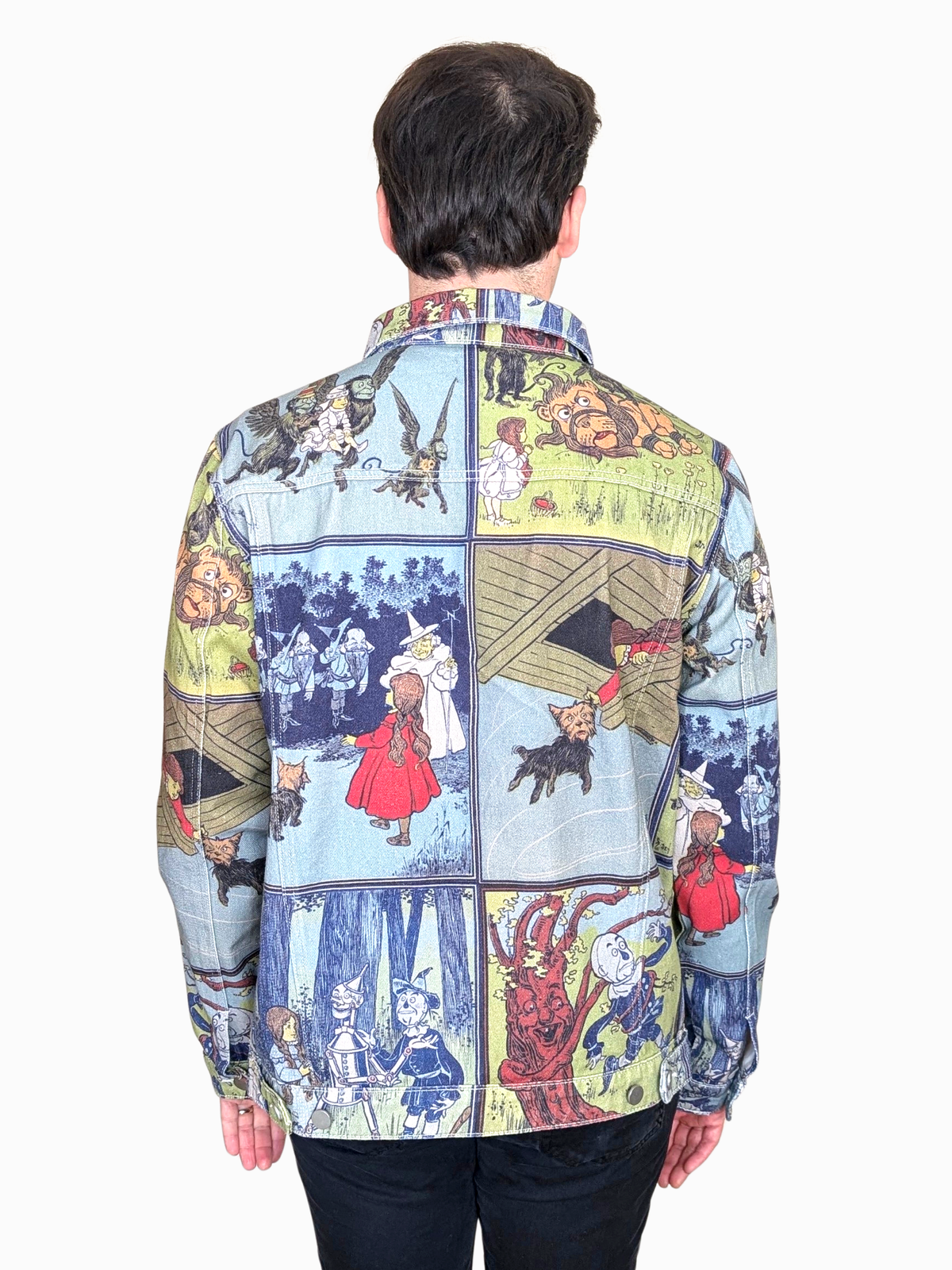 Back view of the Wizard of Oz Denim Jacket showing the storybook panel print