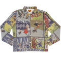 Wizard of Oz Denim Jacket laid flat, denim printed with vintage Wizard of Oz storybook panels in blue, green and cream