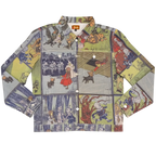 Wizard of Oz Denim Jacket laid flat, denim printed with vintage Wizard of Oz storybook panels in blue, green and cream