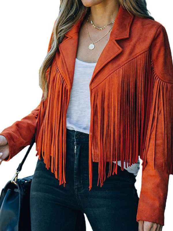 Rodeo fringe cropped suede jacket in dark brown by Pinup Girl Clothing