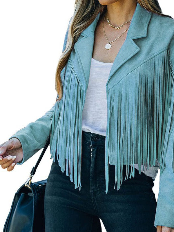 Rodeo fringe cropped suede jacket in sky blue by Pinup Girl Clothing