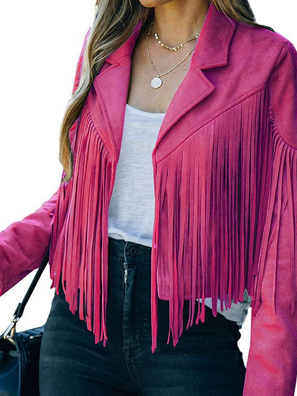 Rodeo fringe cropped suede jacket in rose red by Pinup Girl Clothing