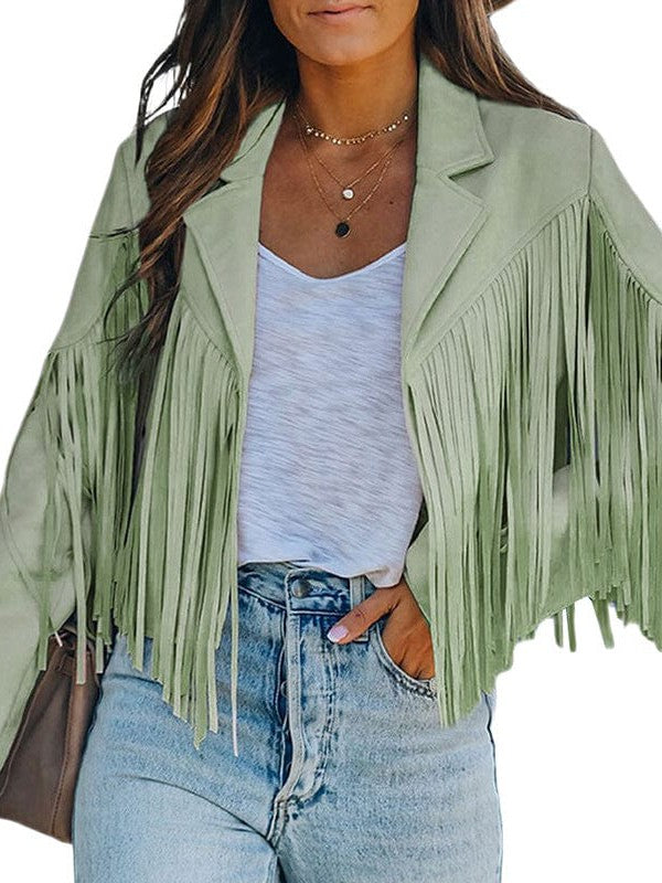 Rodeo fringe cropped suede jacket in light green by Pinup Girl Clothing