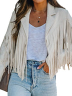Rodeo fringe cropped suede jacket in white by Pinup Girl Clothing