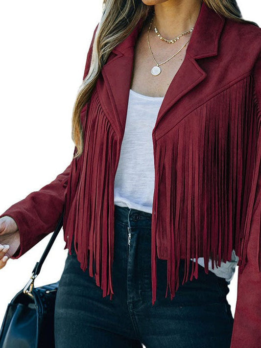 Rodeo fringe cropped suede jacket in red by Pinup Girl Clothing