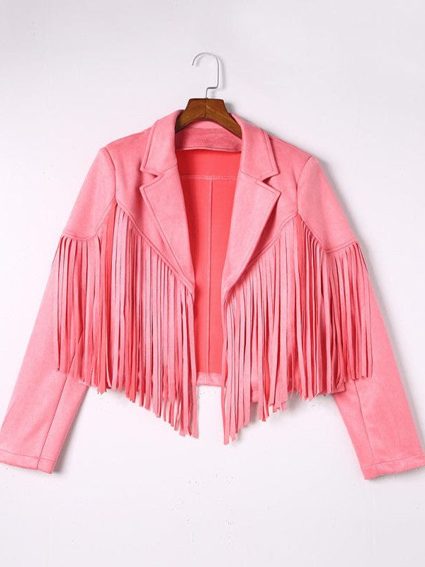 Rodeo fringe cropped suede jacket in pink by Pinup Girl Clothing