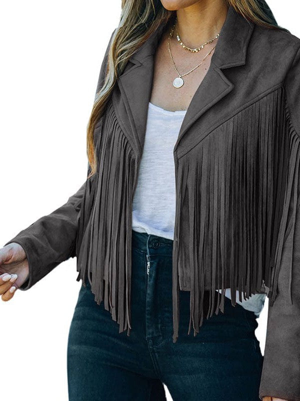 Rodeo fringe cropped suede jacket in grey by Pinup Girl Clothing