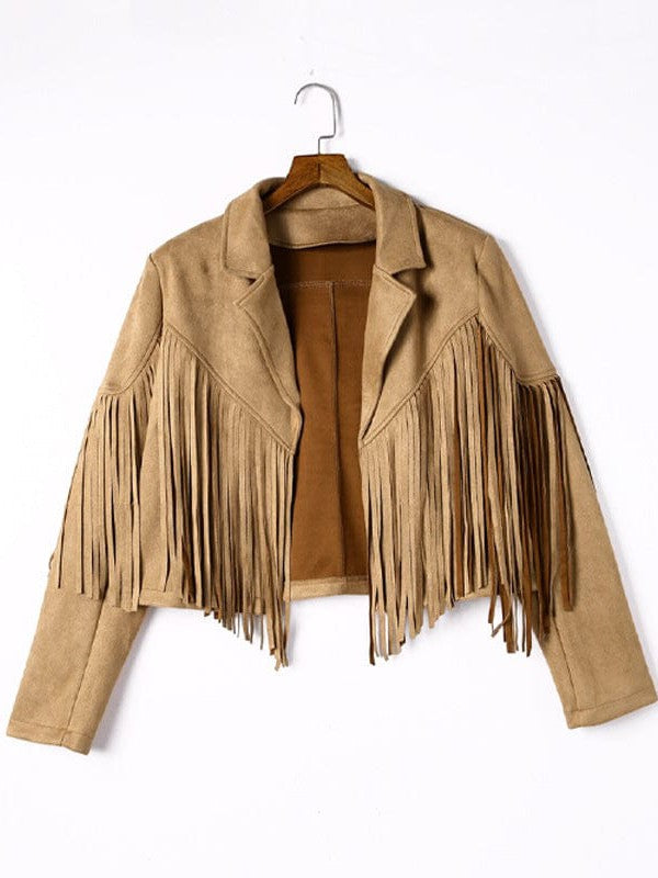Rodeo fringe cropped suede jacket in khaki tan by Pinup Girl Clothing