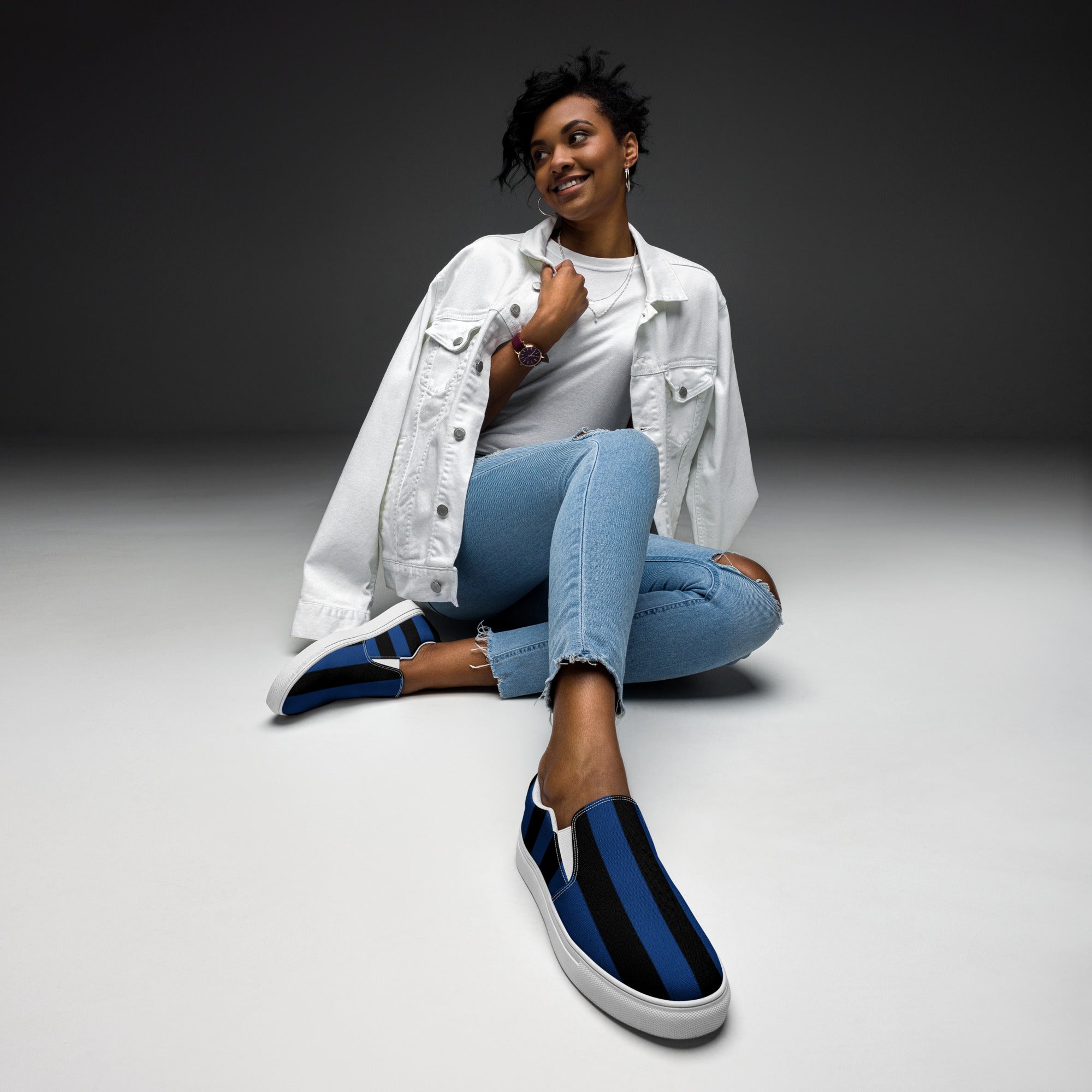 Nevermore Blue & Black Mark Stripe Women’s Canvas Slip-On Flat Deck Shoe