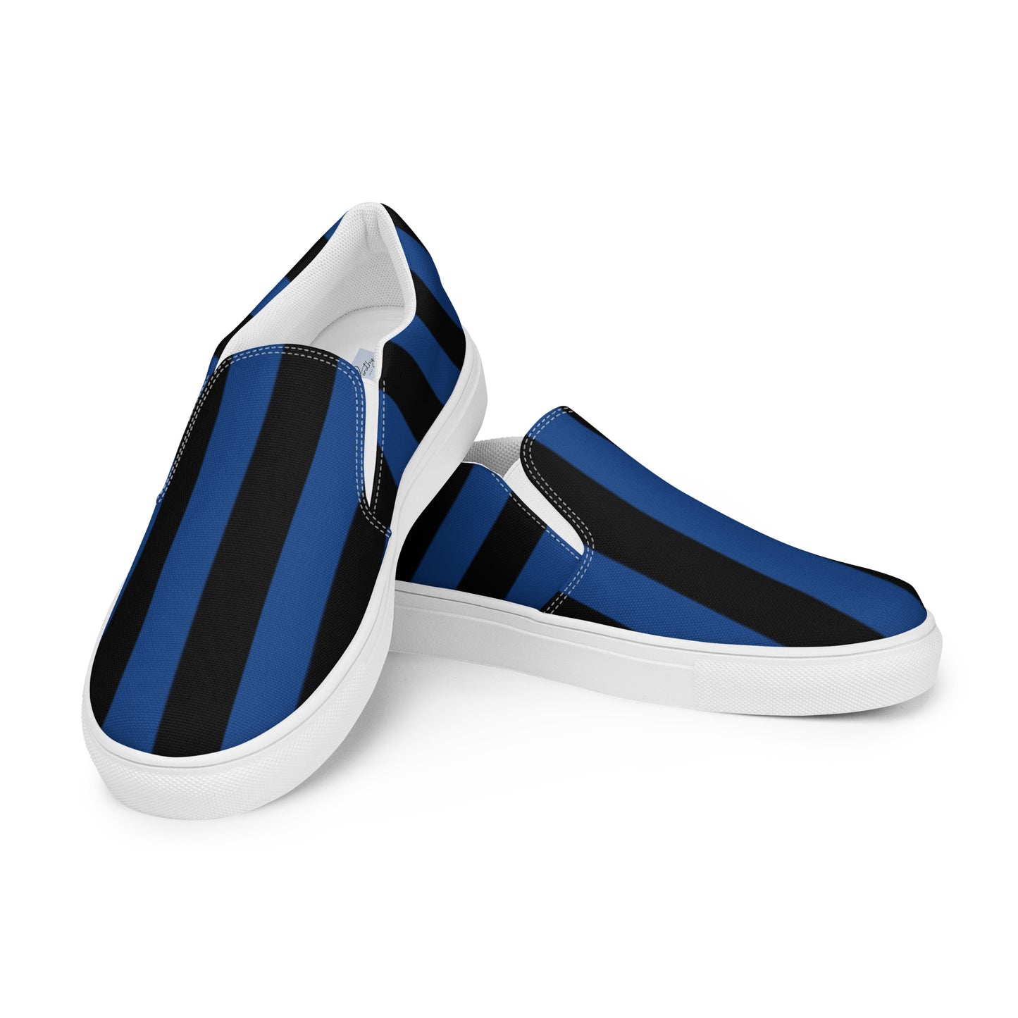 Nevermore Blue & Black Mark Stripe Women’s Canvas Slip-On Flat Deck Shoe | Dorothy Shoes
