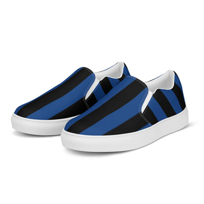 Nevermore Blue & Black Mark Stripe Women’s Canvas Slip-On Flat Deck Shoe | Dorothy Shoes