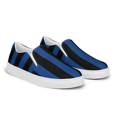 Nevermore Blue & Black Mark Stripe Women’s Canvas Slip-On Flat Deck Shoe | Dorothy Shoes